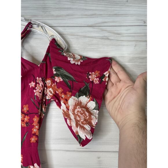 Charlotte Russe Dress Womens Medium Burgundy Floral Cold Shoulder Mini Rayon - Picture 3 of 9